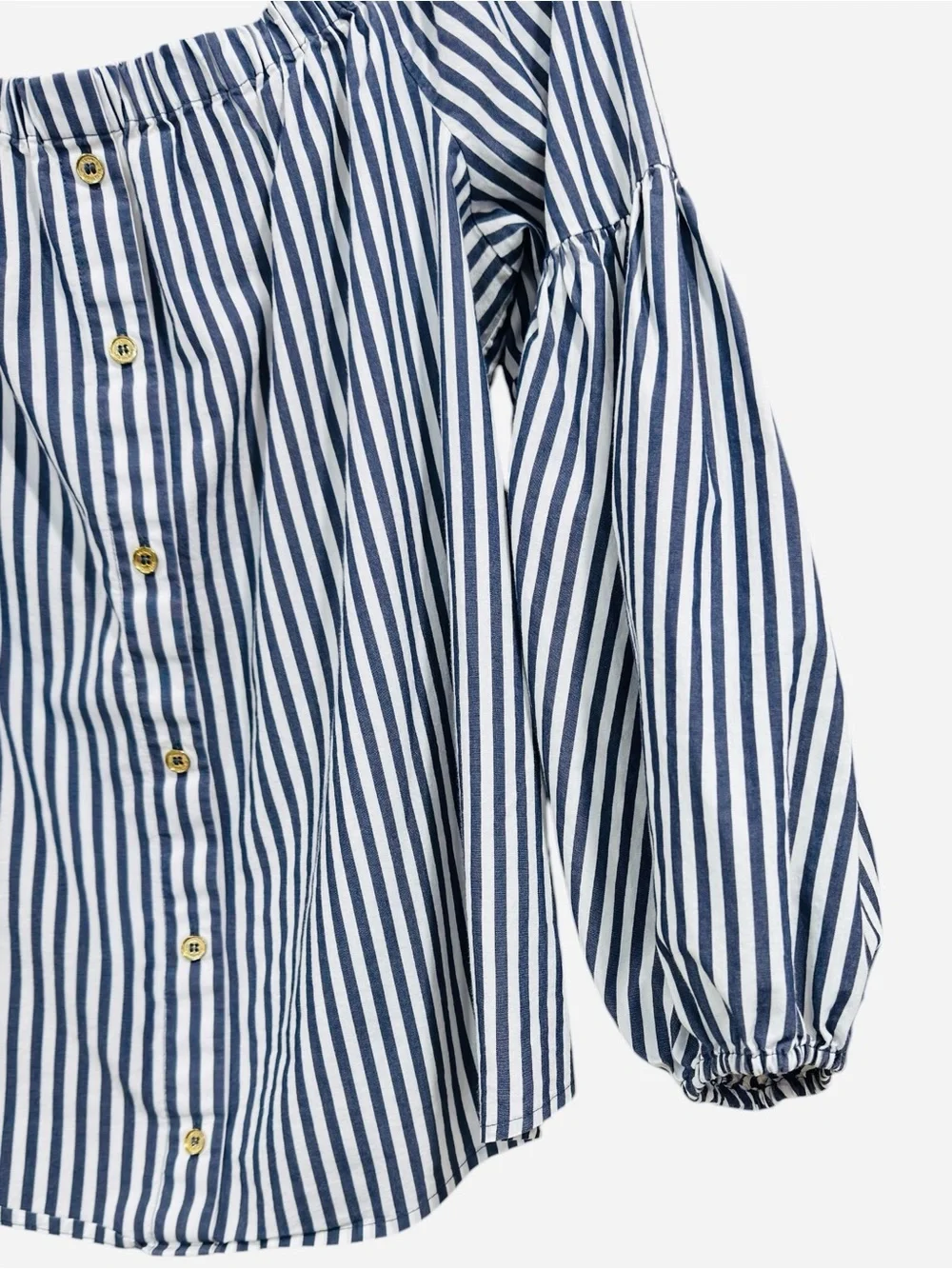 Michael Kors Blue White Striped Off Shoulder Peasant Blouse Balloon Sleeve Top L